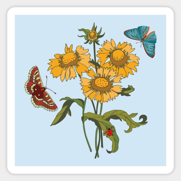 Botanical illustration  a plant with yellow flowers, a butterfly and a ladybug Sticker by EEVLADA